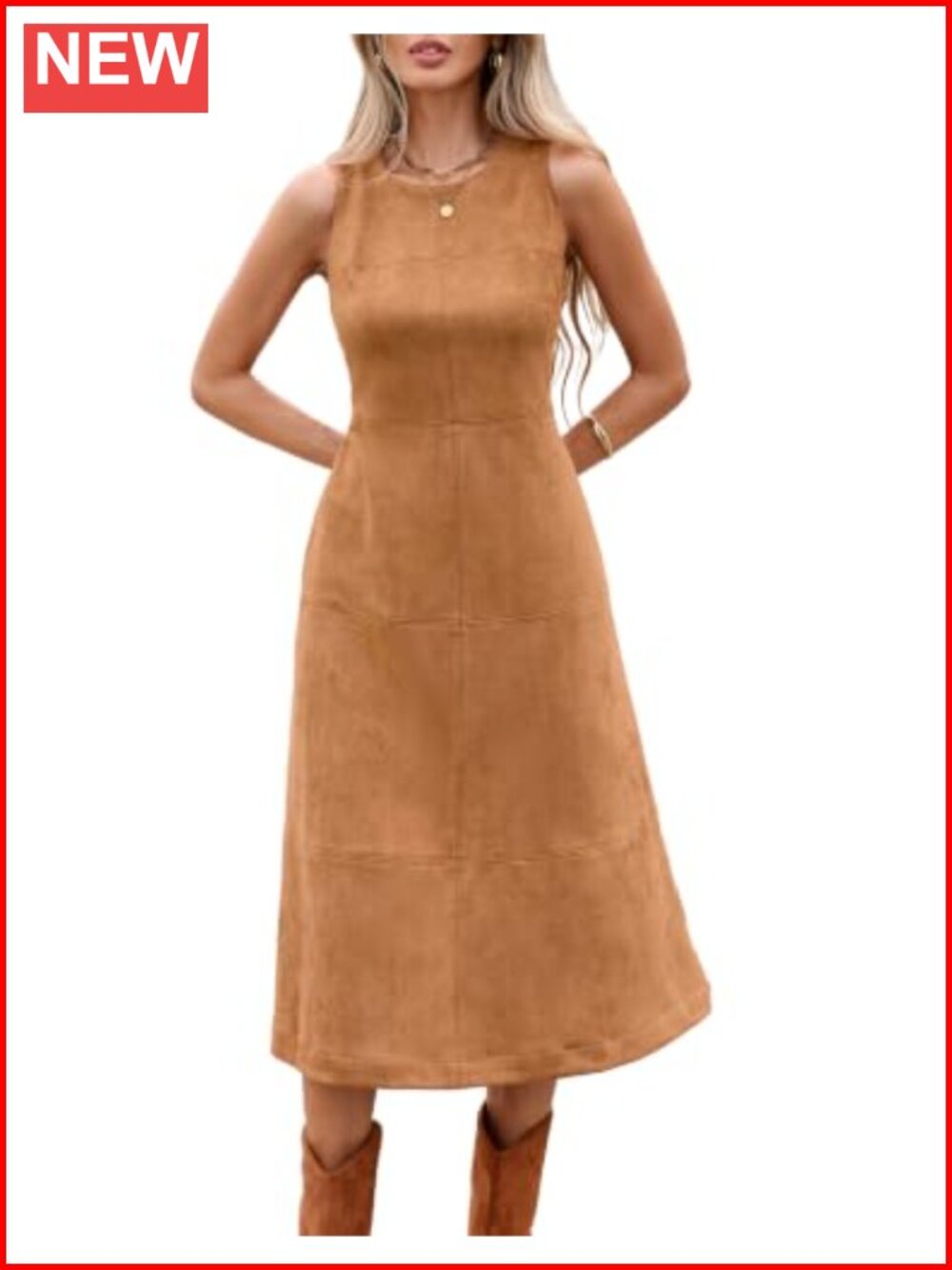 Faux Suede Sleeveless Sheath Midi Dress with Pockets & Back Zipper